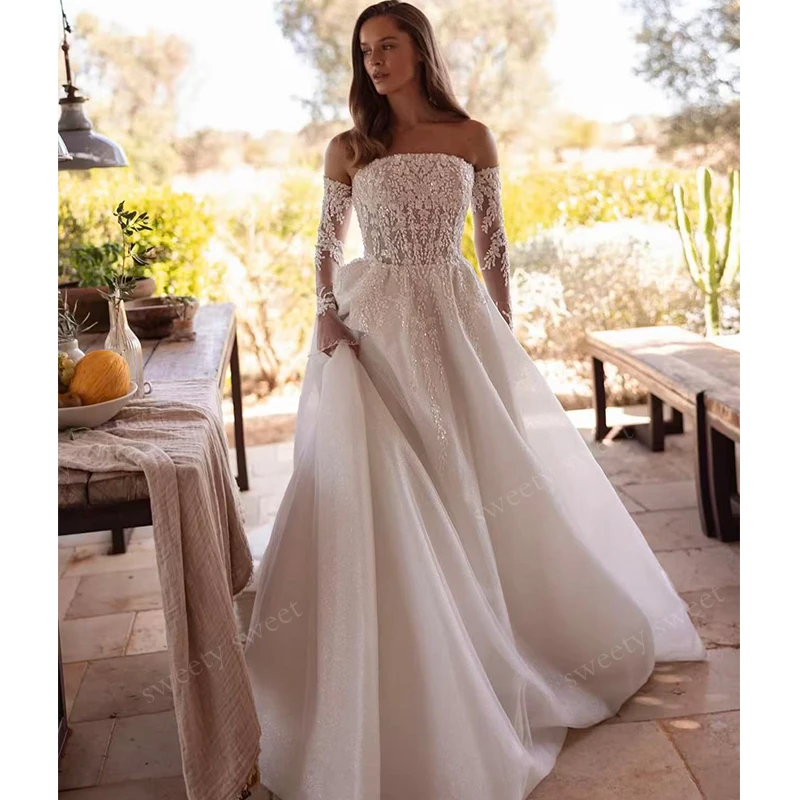 

Romantic Wedding Dress Organza With Embroidery A-Line Ball Gown Full Sleeve Strapless Bride Customized Lace Up Vestido De Novia