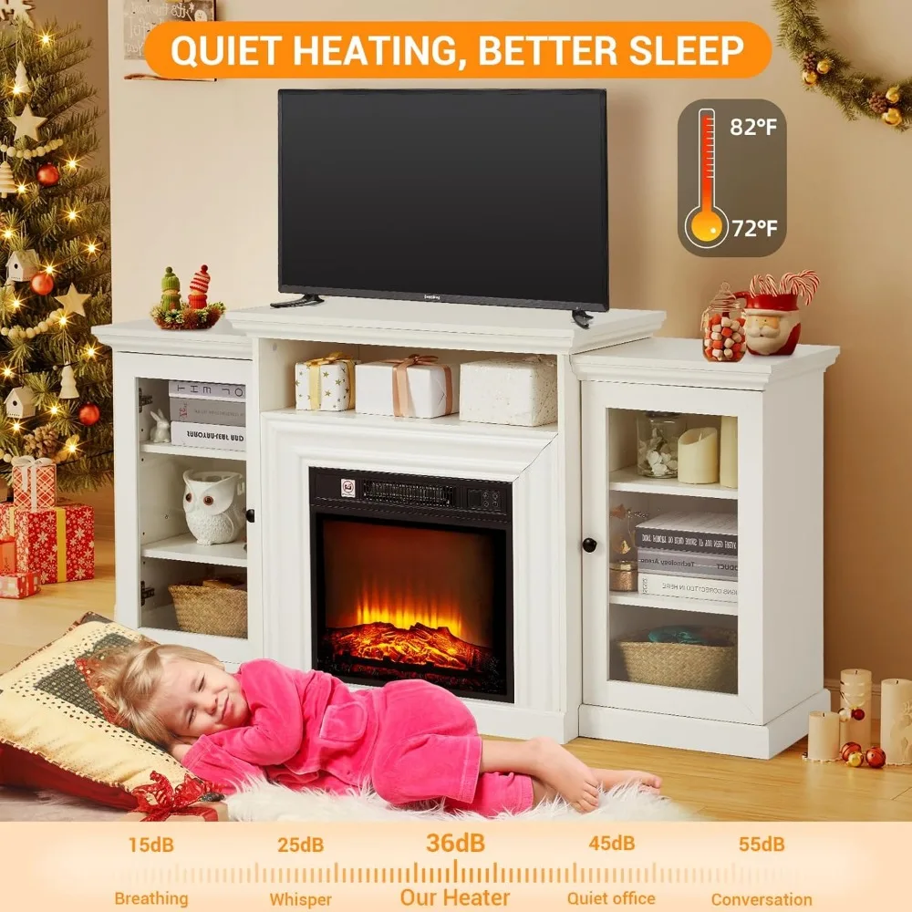 63인치 벽난로 TV 스탠드, 전기 벽난로(맨틀 포함), 사실적인 3D 화염 효과와 3단계 조절 가능한 조명이 있는 벽난로