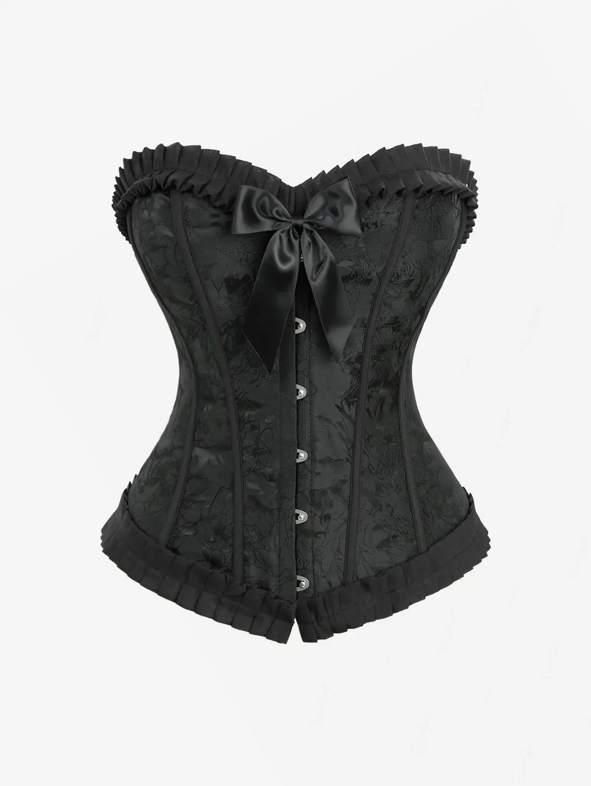 Korset Seksi Wanita Ukuran Besar Motif Bunga Jacquard Tali Grommet Pita Hias Lipit Full Cup Bustiers Hitam