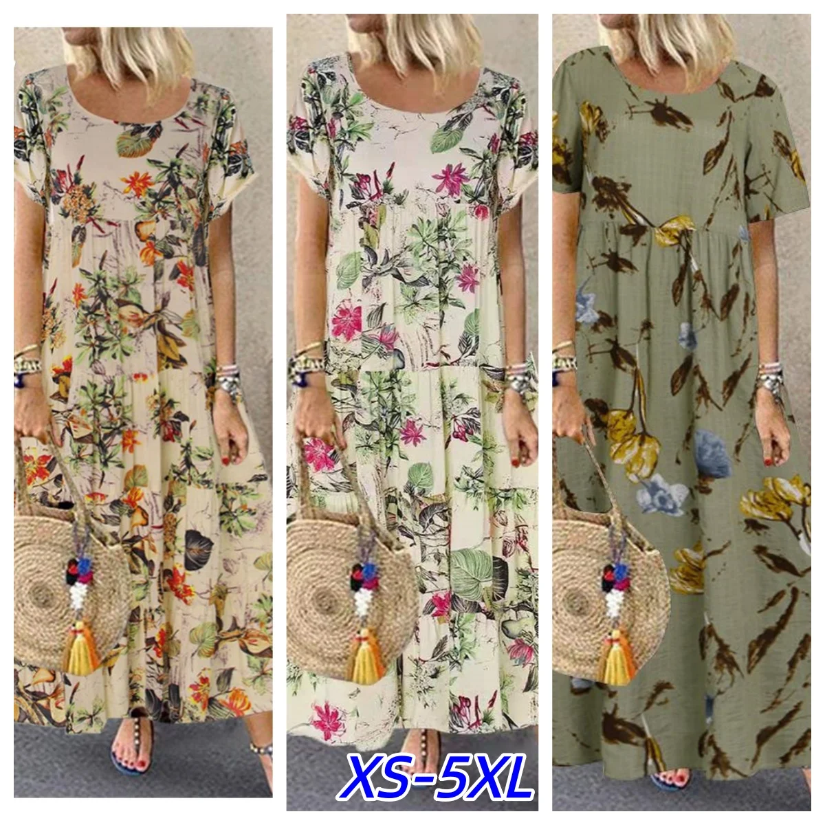 Damen Sommer Kurzarm-Sommerkleid mit Blumenmuster, Bohemian Elegant Casual Übergroßes Urlaubskleid, Langes Loses Ferienkleid