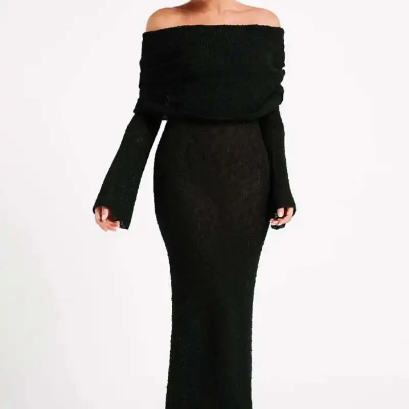 

New 2025 French Beach Skirt Long Sleeve Knitted One Shoulder Dress Long Skirt for Women 2025 Summer Dress Robe Vestido Women
