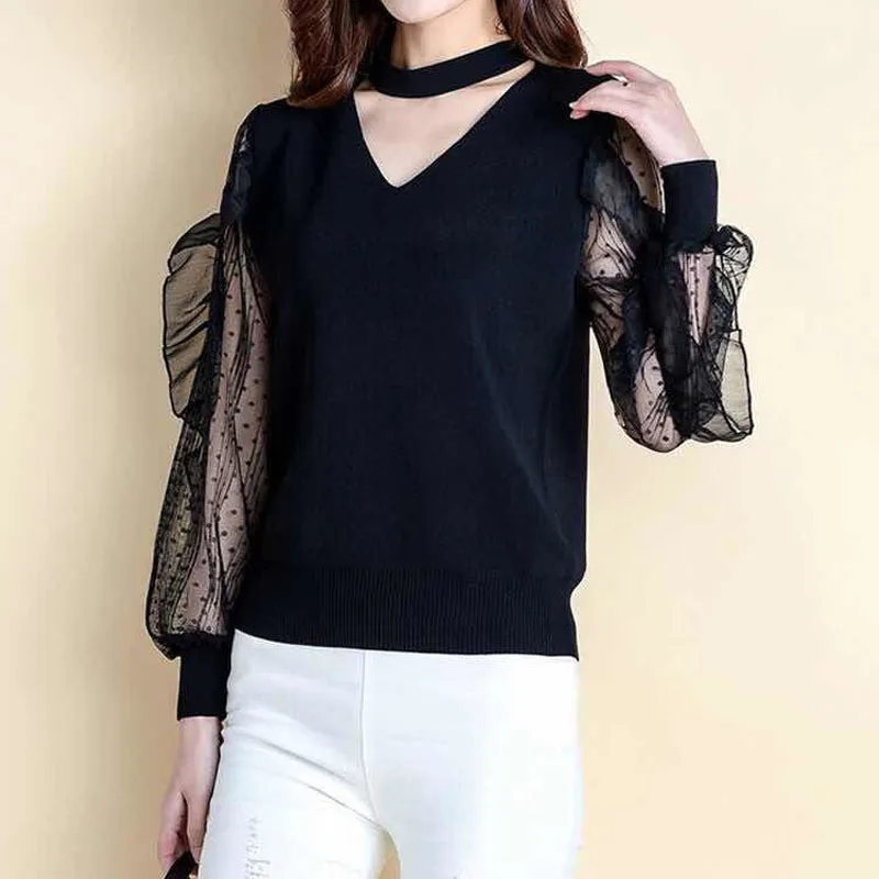 

Elegant Fashion V-Neck Women's Mesh Long Sleeve T-shirt Spring Autumn All-match Female Clothing Ruffles Spliced Solid Color Tops