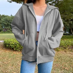 Solid Streetwear Loose Draw String Sweatshirts Autumn Winter Thick Hooded Pockets Women's Clothing Multiple Colors Zipper Cotton