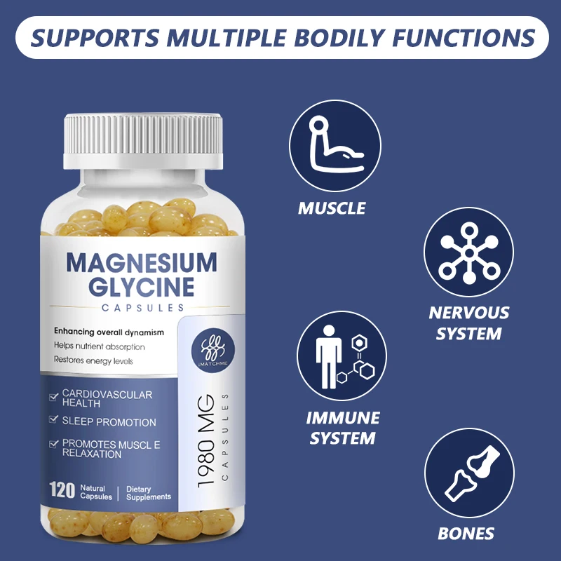 Magnesium Glycinate Capsules Magnesium Supplement For Muscle, Nerve, Bone and Heart Health (Vegan Safe with No Gluten and  Soy )