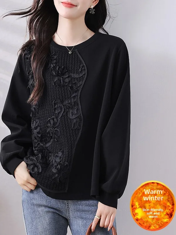 

Retro Chinese Style Embroidered Fleece Lined Oversized Long Sleeve Sweatshirt Warm Women's Clothing Large Size round Neck Loo...