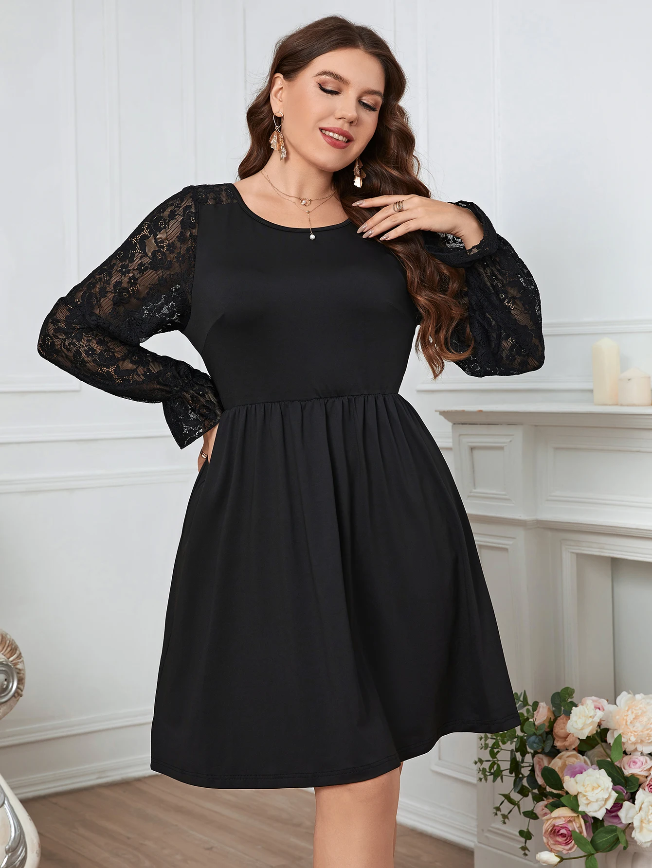 KEBY ZJ Plus Size Women Clothing Elegant Lace Puff Long Sleeve Party Dresses Black Chiffon Polyester Short Big Size Female Dress