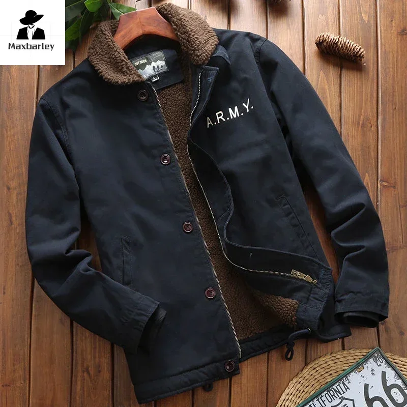 

2023 Winter Men's Jacket Thickened Fleece Lined Warm Parka Men's Climbing Loose Casual Wool Collar Windproof Pilot Cotton Coat