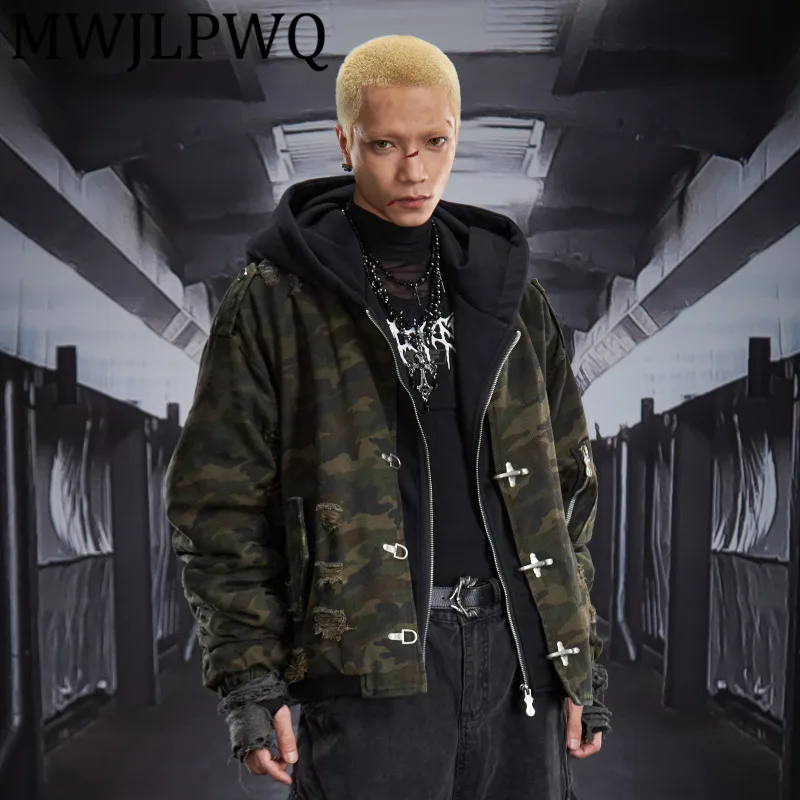 

MWJLPWQ уникальные камуфляжные винтажные потертые искусственные двухсекционные хлопковые пальто с капюшоном, мужские уличные зимние свободные топы унисекс 12818