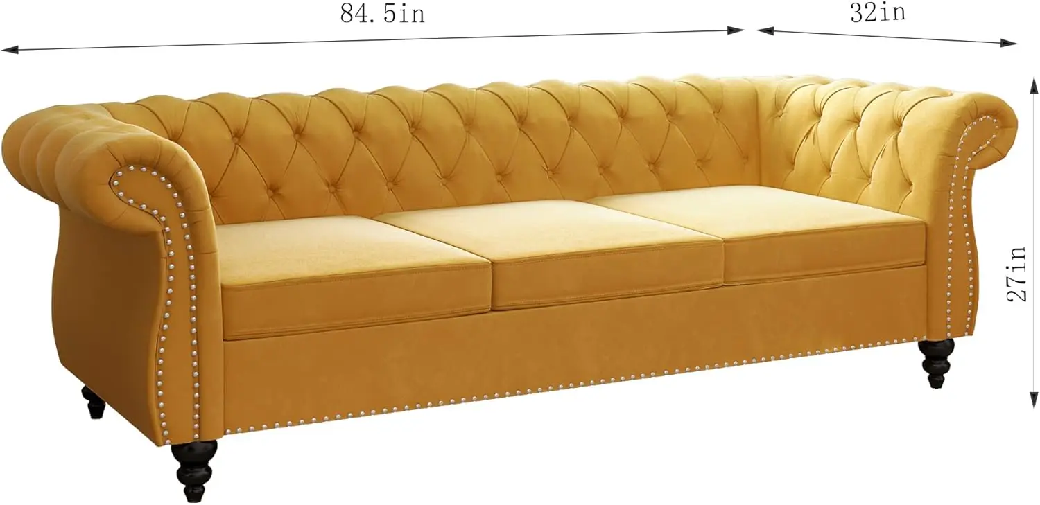 Chesterfield Sofa Velvet, Modern Tufted Couch 3 Seater With Rolled Arms And Nailhead For Living Room, Bedroom, Office,