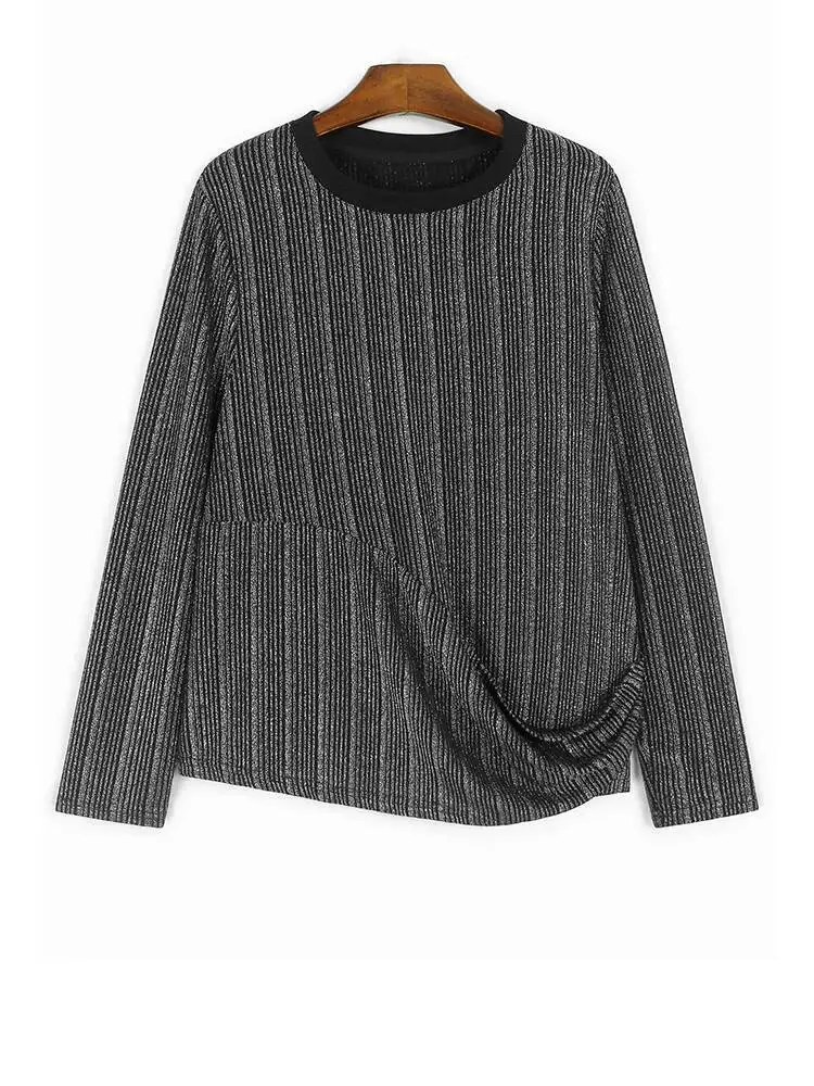 

Женская яркая шелковая нерегулярная повседневная футболка серебристого цвета, новая модная футболка с круглым вырезом и длинными рукавами, весна-осень