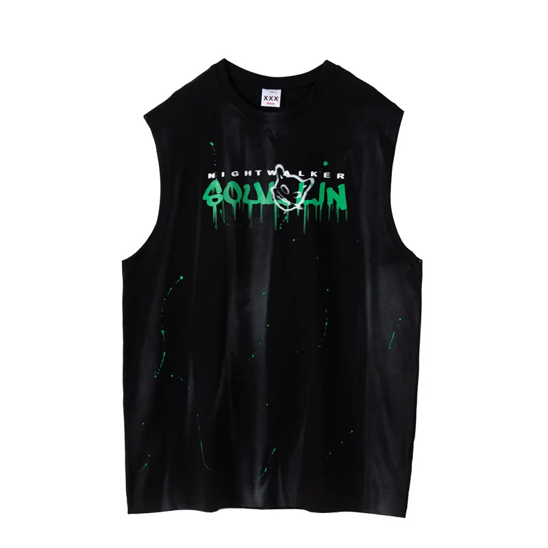 New Men's Summer Pure Cotton Vest Hip Hop Splash-Ink Letter Printing Tank Top Gym Clothing Men Women Couple Sleeveless Loose Tee