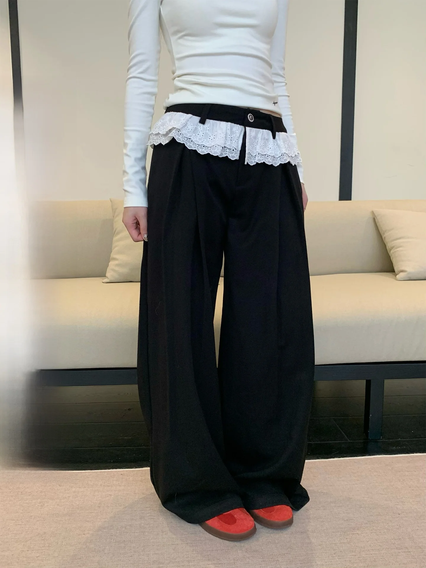 

Женские повседневные брюки-палаццо с широкими штанинами и кружевной отделкой, прямые, в пол, черные