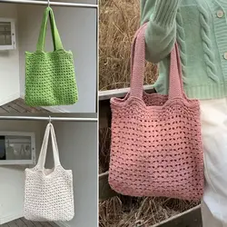 Women Large Capacity Knitted Shoulder Bags Retro Hollow Woven Knitted Braid Shopping Tote Shopper Bags  Crochet Handbags