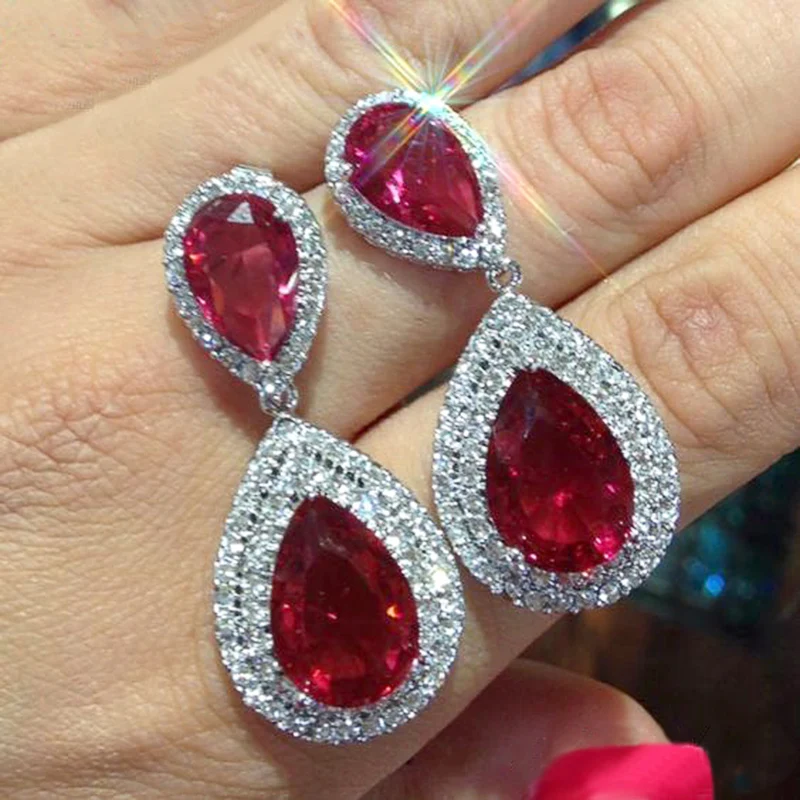 Huitan Pear Shape Red CZ Drop Earrings Women for Wedding Anniversary Party Silver Color Sparkling Hanging Earring Luxury Jewelry