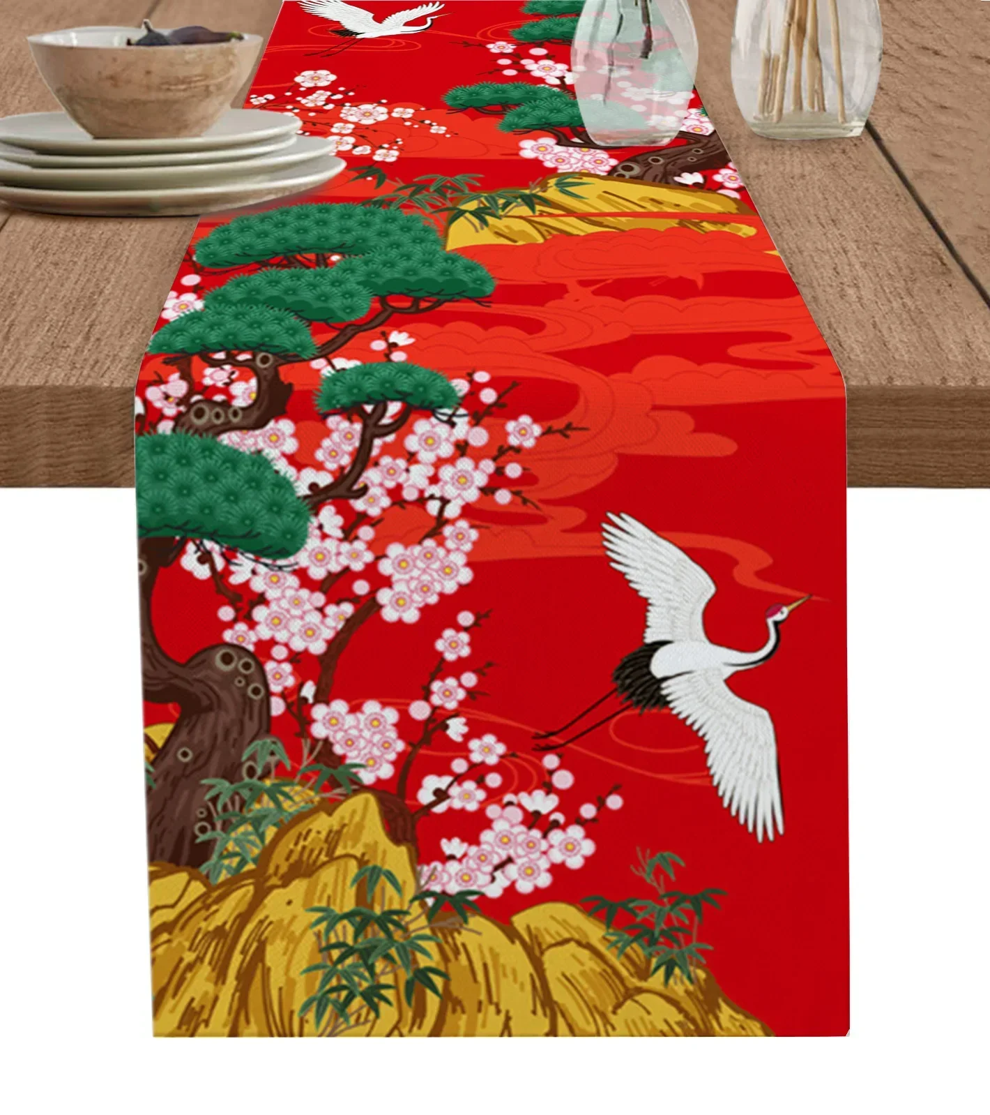 Estilo japonês guindaste flor de cerejeira corredor de mesa de linho do vintage decoração de mesa de cozinha toalha de mesa de jantar decoração de festa de casamento