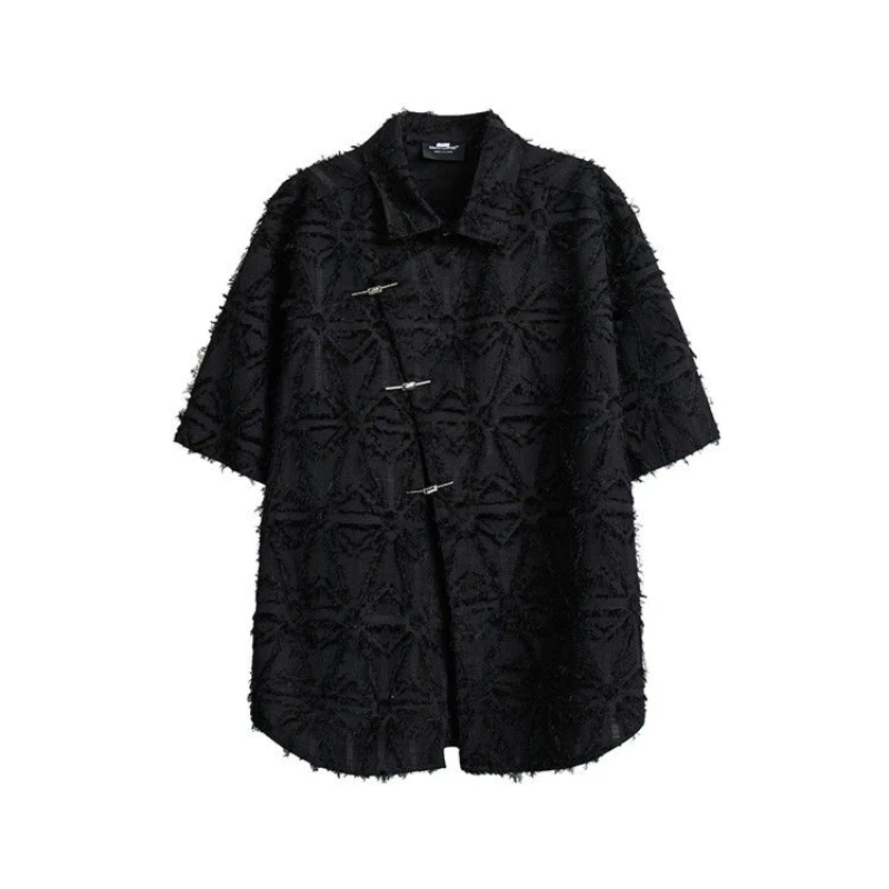

Chinese Style Short Sleeve for Unisex Summer Oblique Metal Button Design Coat Tassel Turn-down Collar T-shirts Loose Casual Tees