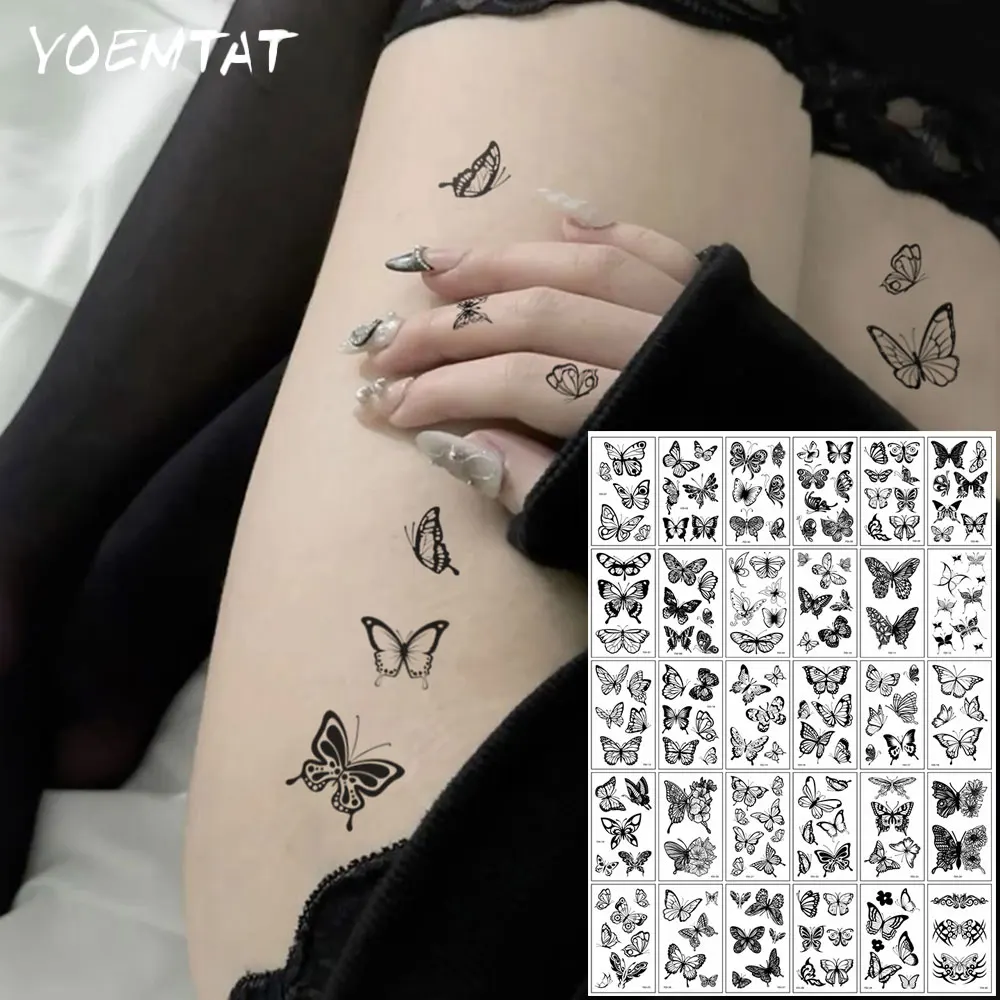 

30pcs Waterproof Temporary Tattoo Sticker Butterfly Lace Flower Thorn Body Art Arm Fake Tattoo Sleeve Women Men Neck Waist Totem