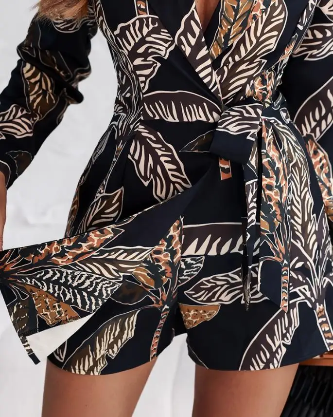 

One-Piece Pants In Summer Women Jumpsuits Tropical Print Notched Collar Long Sleeve Romper Casual Tied Detail Blazer Jumppsuit