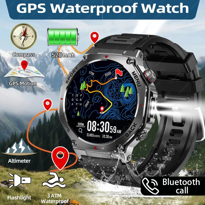 

GPS smartwatch 3ATM waterproof 1.43-inch AMOLED HD screen Bluetooth call flashlight military sports smartwatch for men 2025 new