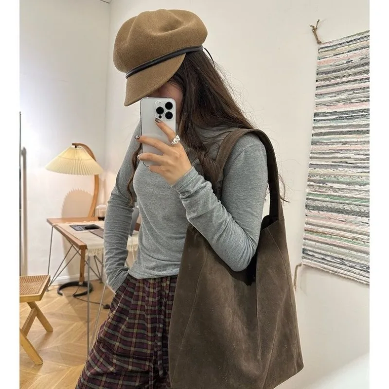 Korean Style Large Capacity Commuting Suede New Solid Color Simple Bag Shoulder Handbag Hand Bags for Women