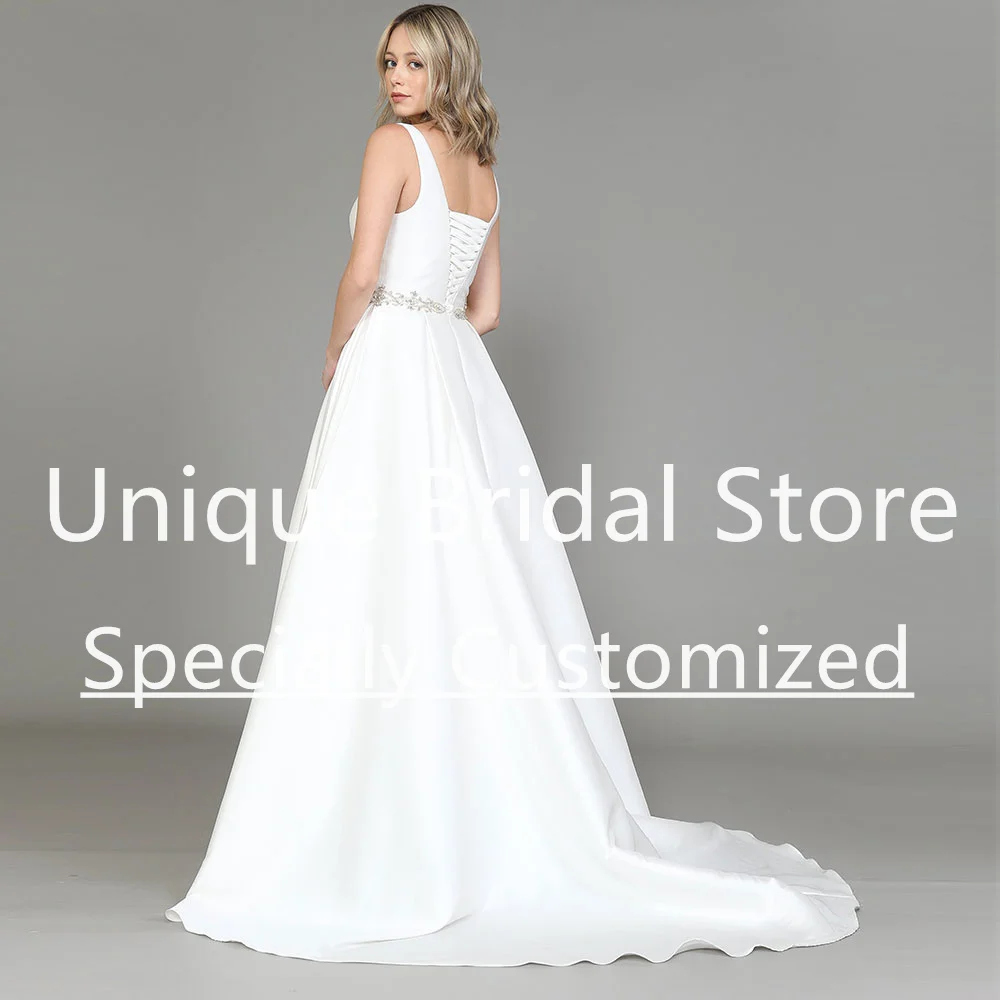 Customized Wedding Dress For Women Bride Satin A-Line V-Neck Draped Lace-up Sleeveless Applique Sashes Brush Train Vestido De No