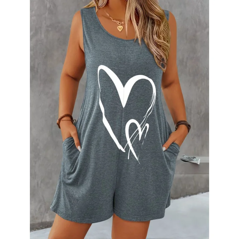 

Cross-Border Foreign Trade Summer Women's New Sleeveless Dress Casual Heart Pattern Digital Print Sleeveless Jumpsuit