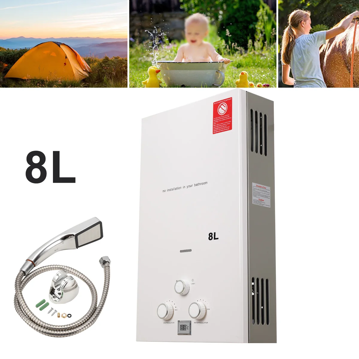 Image of 8L Flüssiggas-Warmwasserbereiter mit Weißem Panel, Sprühbeschichtetem Duschkopf, für Outdoor-Camping, Schnelle Erholung, Edelstahl