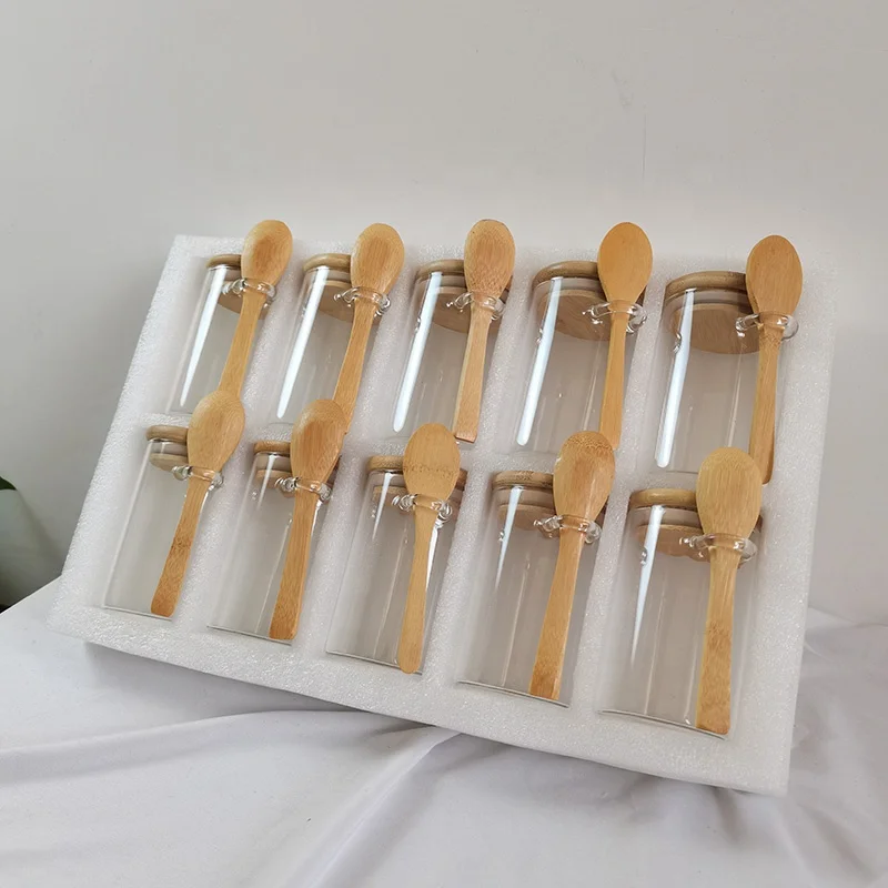 

Набор из 10 стеклянных банок с бамбуковыми крышками и деревянными ложками, стеклянные контейнеры для приготовления овсянки на ночь с мерником для специй, кофе, йогурта