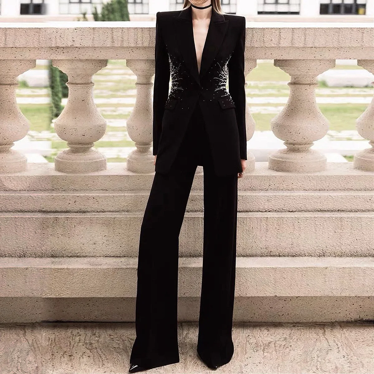 Fine Workmanship Rhinestone Bead Lady Office Suit Notched Long Sleeve Single Button Blazer Wide Legs Pants Women Solid 2pcs