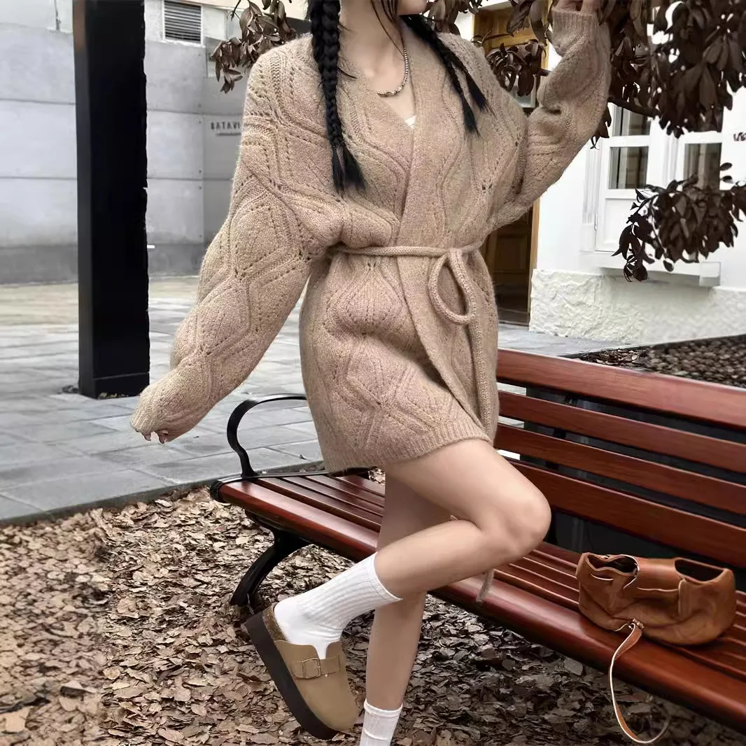 

Кардиган, вязаный свитер, женские джемперы с v-образным вырезом и длинными рукавами, легкий эластичный свитер, базовый свободный крой, осень 2025 г., полые пояса