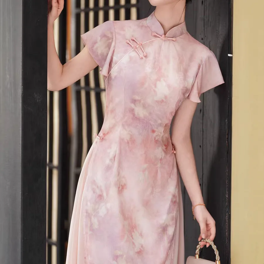 

Pink Chesongam Young Girl Ao Dai Qipao New Chinese Style Dress Women Elegant Mesh Hem Vestidos Casual Outwear Hanfu Dresses