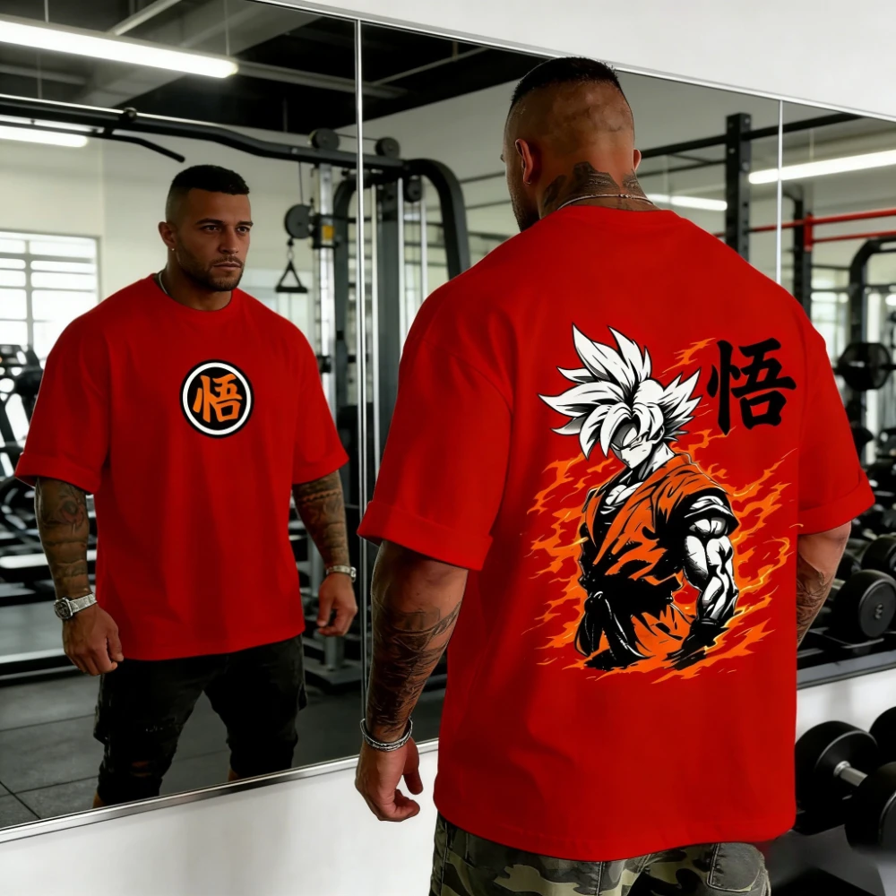 2026 Summer Super Saiyan Goku "Go" Kanji Dragon Ball Vintage Anime T-shirt Men's Pure Cotton Casual Loose Sports Daily Version