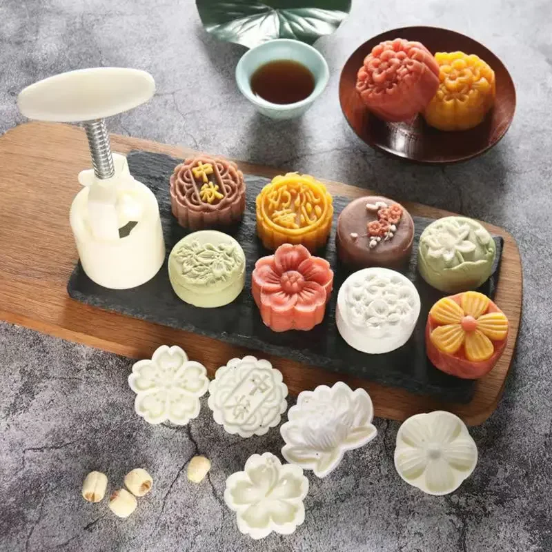 Mooncake Mold Mid-Autumn Festival Hand-Pressure Flower Moon Cake Mould DIY Hand Mooncake Pressure Fondant Decoration Tools