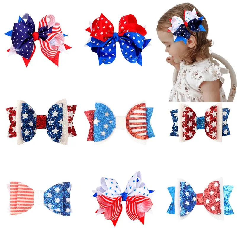 

ncmama 3" 4th of July Glitter Hair Bows For Girls Shiny Hair Clips Red Blue White Star USA Flag Kids Hairgrips Hair Accessories