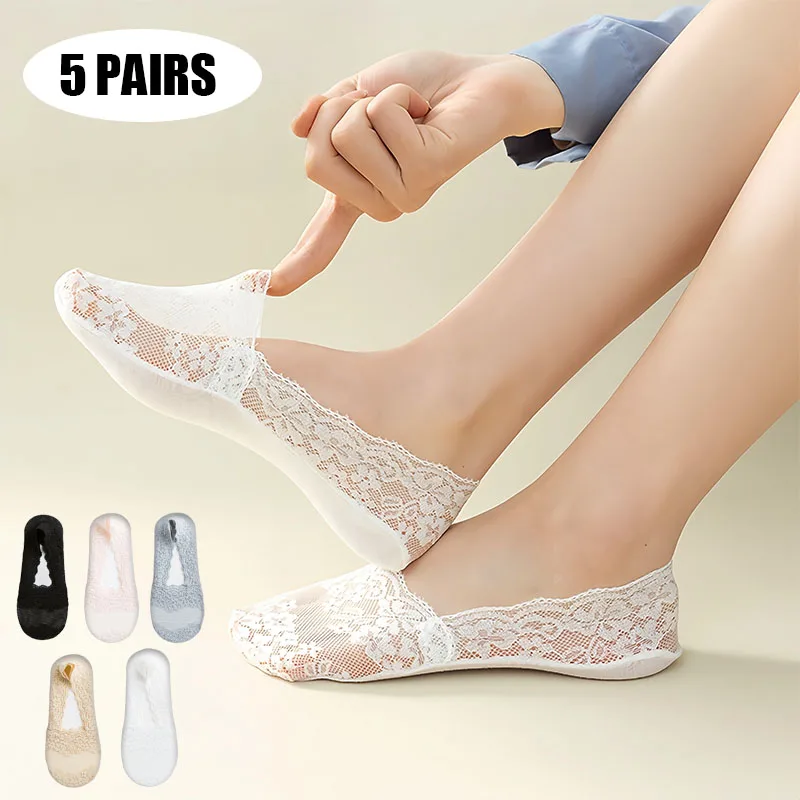 5 paires de chaussettes bateau en dentelle pour femmes, légères, respirantes, douces, couleur unie, antidérapantes, chaussettes invisibles décontractées d'été