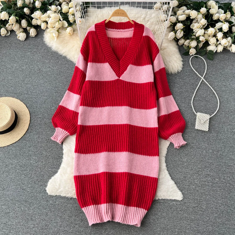 

Autumn Winter Triped Sweater Dress V Neck Long Sleeve Loose Thick Long Dress Female Casual Stripe Color Pullover Knitted Dress