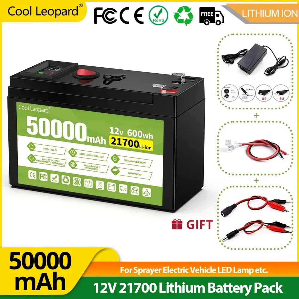 

12V Lithium Battery Pack High Capacity 50Ah 21700 Battery For Sprayer Electric Vehicle LED Lamp 12V Li-ion Batterie Built-in BMS