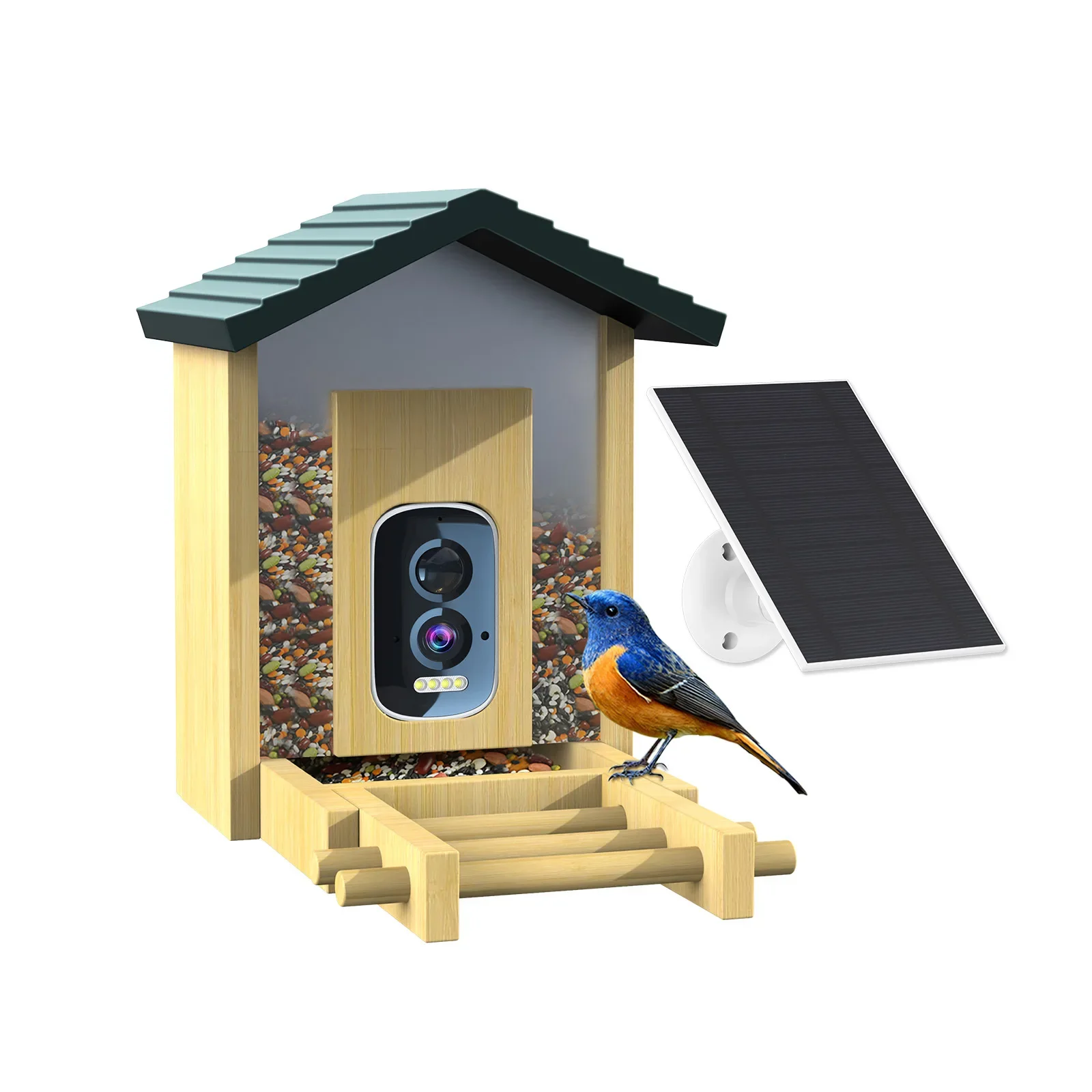 

180 Degree Automatic Indoor Window Bamboo Bird Feeder Waterproof 2.5K AI Camera Wood Bird's Nest Capacity Battery-Powered Water