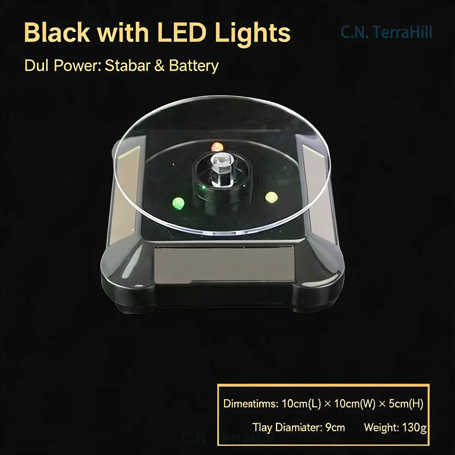 Solar Powered Rotating Display Stand for Jewelry Photography, Auto Turntable Showcase with White LED Light