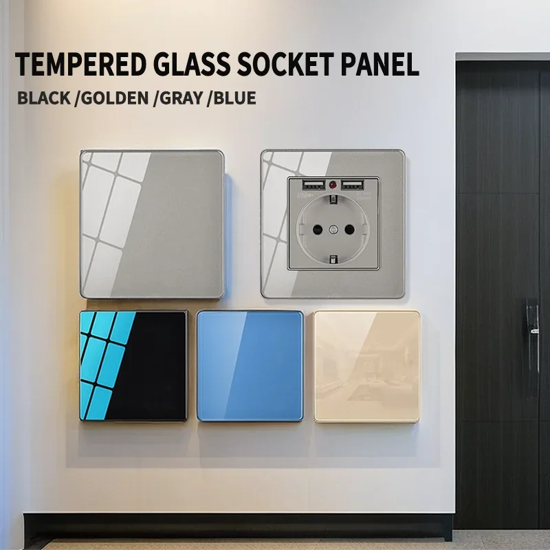 

Электрическая настенная панель с выключателем и розетками, из закаленного стекла, тип 86, с USB-портами, стандарты EU, французский, британский