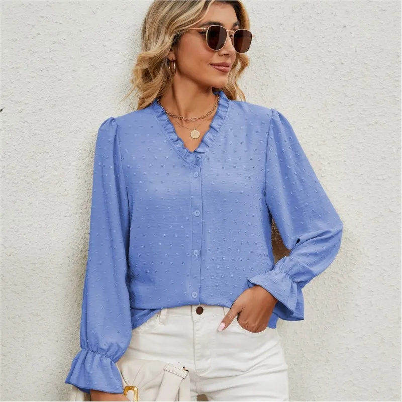 Women's Autumn Ear Edge V-neck Solid Color Scissors Bottom T-shirt Chiffon Shirt Women's Top Long Sleeve Button Open Shirt Loose