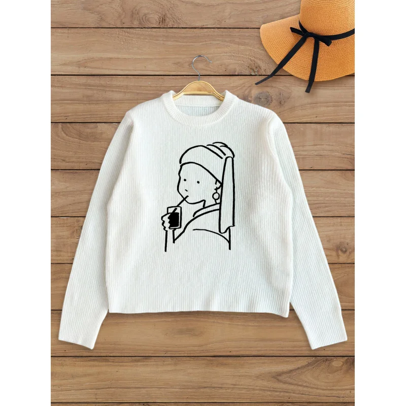 

Elegant Silhouette Girl Print Knit Cardigan Women's Autumn Winter Button-Up Sweater, Loose Fit, Warm Casual Fashion Gift