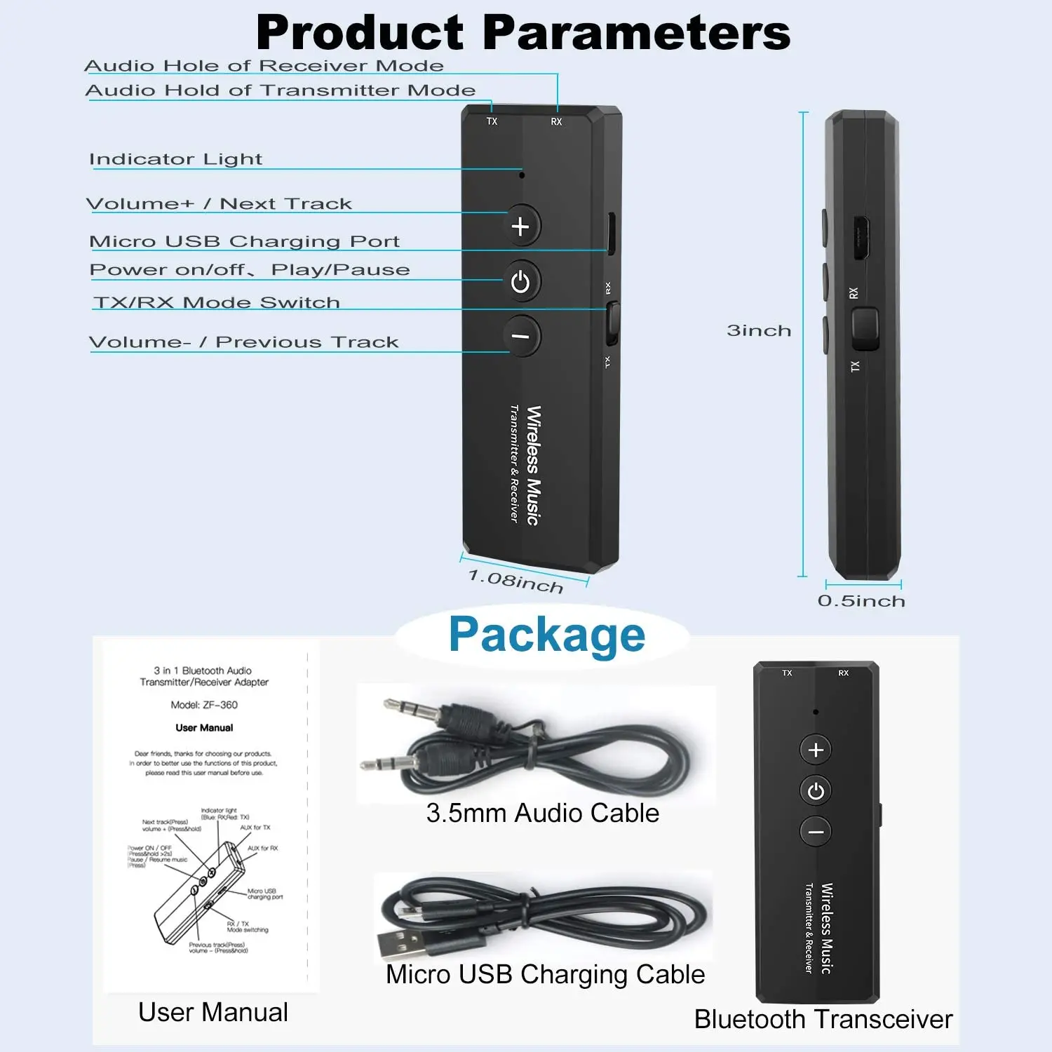 Bluetooth 5.0 Transmitter Receiver 3-In-1, Wireless 3.5mm Audio Adapter for TV PC Headphones Home Sounds System Car