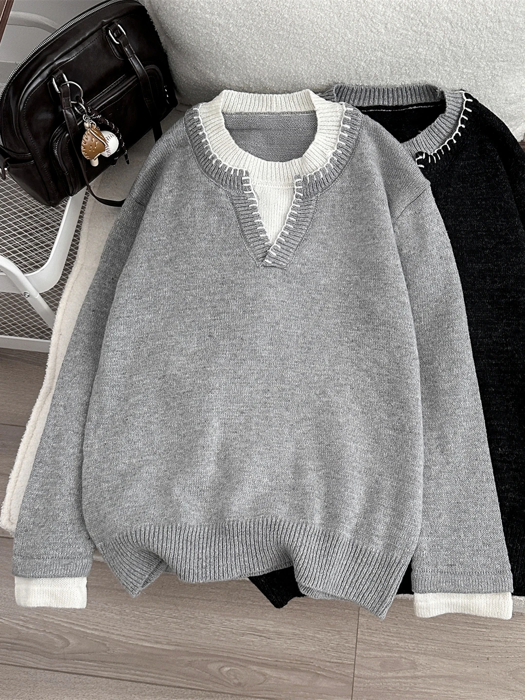 American Style Loose Fit Men's Knit Sweater Fake Two-Piece Color Block Hand Sewn Contrast Thread Casual Versatile Winterwear