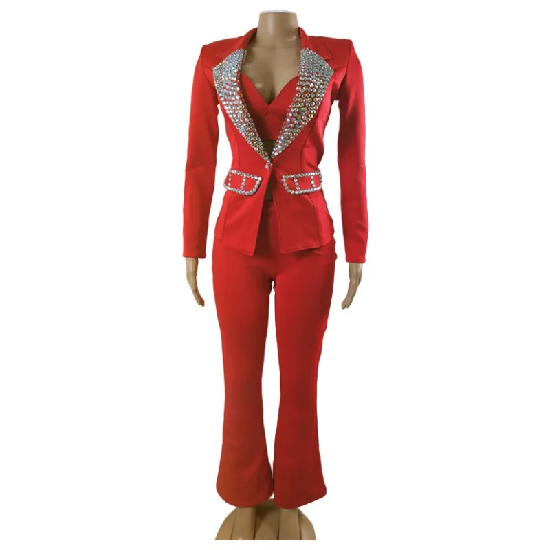 Bar Stage Women Singer Performance Leading Dancer Team Jazz Dance Rhinestones Blazer Pants Bra 3 Piece Set Party Festival Outfit