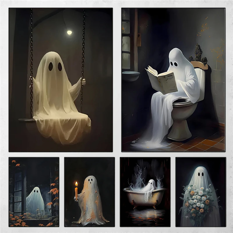 (1pc frameless)Abstract Cute Ghost on Swing Canvas Prints Ghost on Bathtub Wall Art Poster for Modern Halloween Living Room B