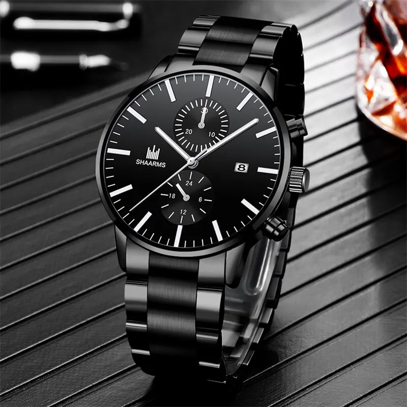 Mens Fashion Business Quartz Watch Fashion Fake Three Eye Six Pin Calendar Men Watch Stainless Steel Belt Men Watches