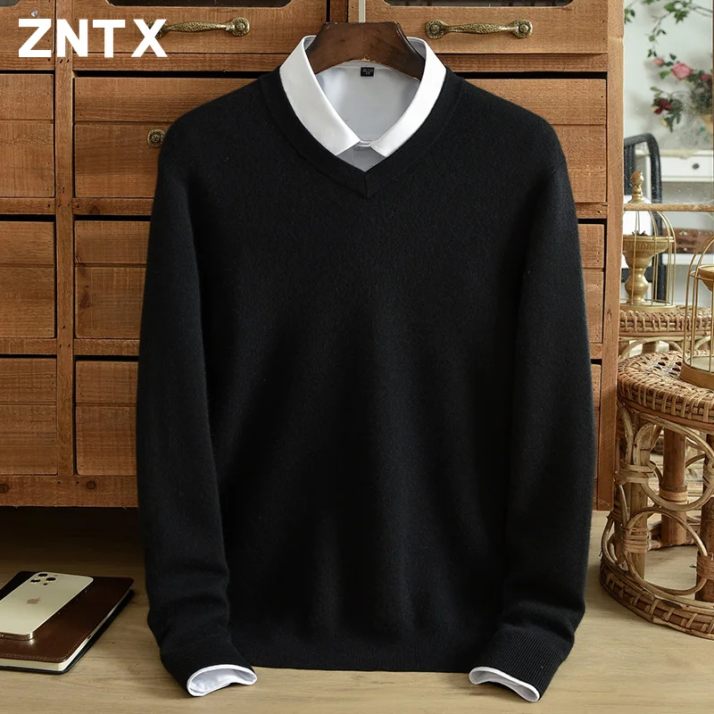 

ZNTX new winter thickening pure cashmere sweater Men's worsted cashmere V-neck business casual solid color knit warm shirt