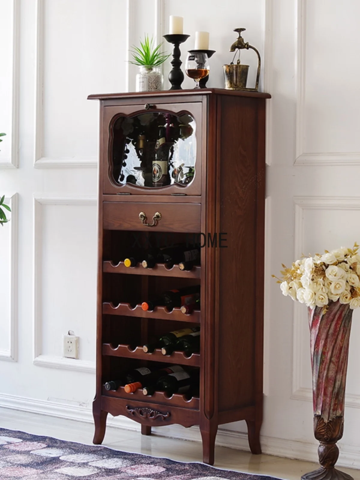 Solid Wood Single Door Small Wine Cabinet Corner Cabinet Modern Minimalist Side Cabinet Retro