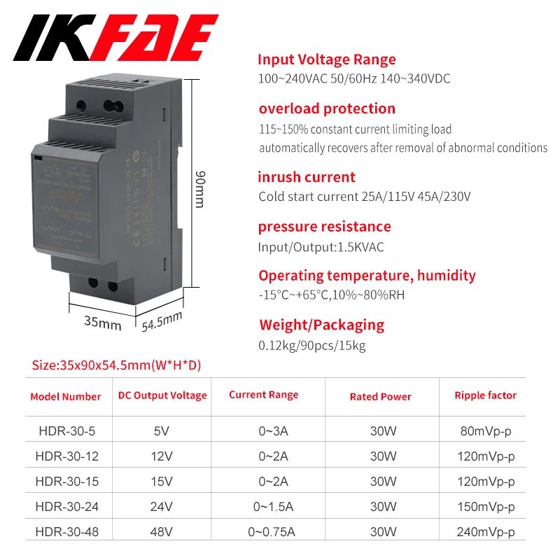 HDR-15 15W Input 100-240V Output 5V 12V 24V 48V  Ultra Slim DIN Rail Power Supply Switching  Mode Power Supply